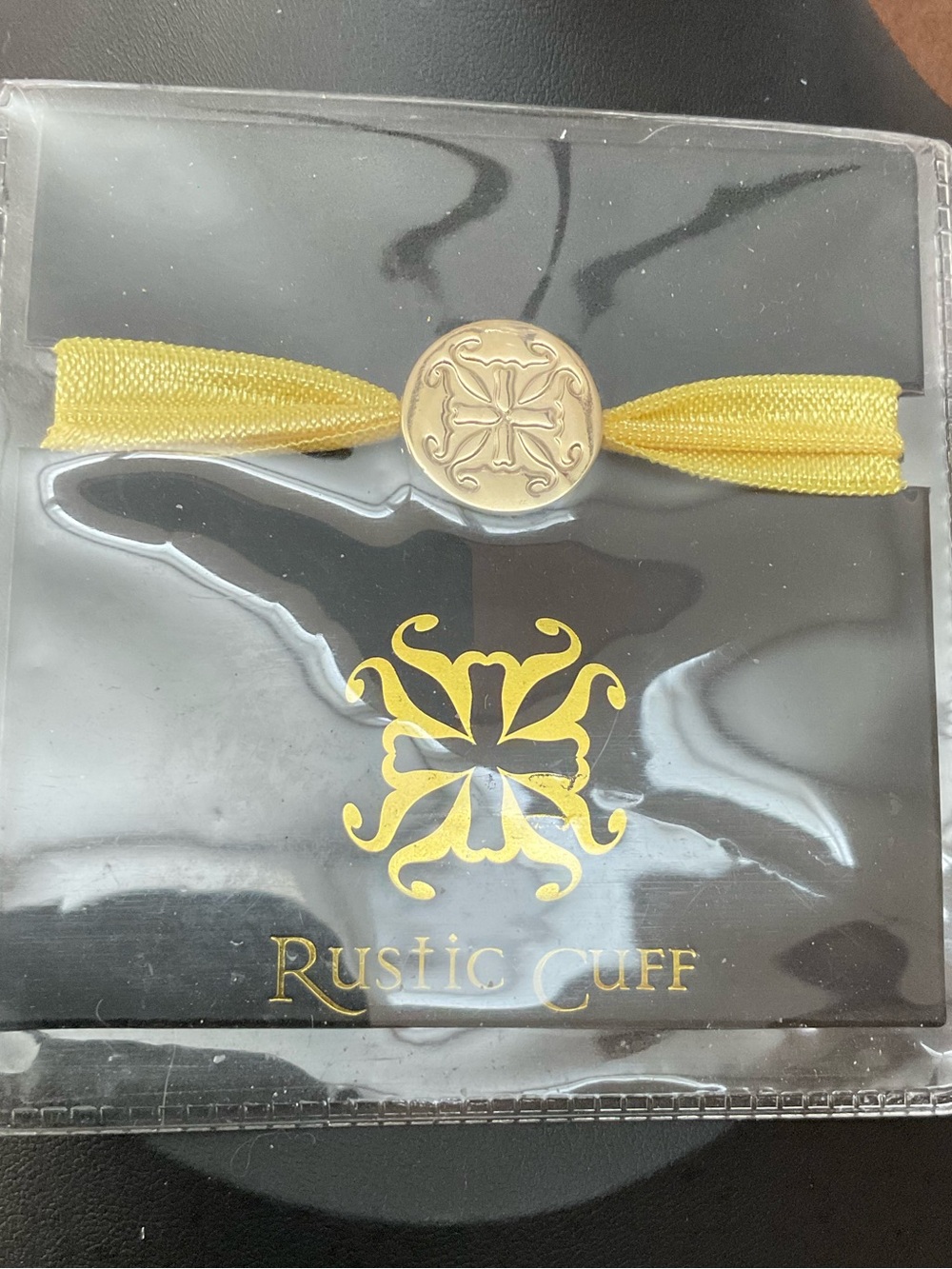 Rustic Cuff Yellow Elastic Hair Tie or Bracelet with Gold Medallion NEW 2543